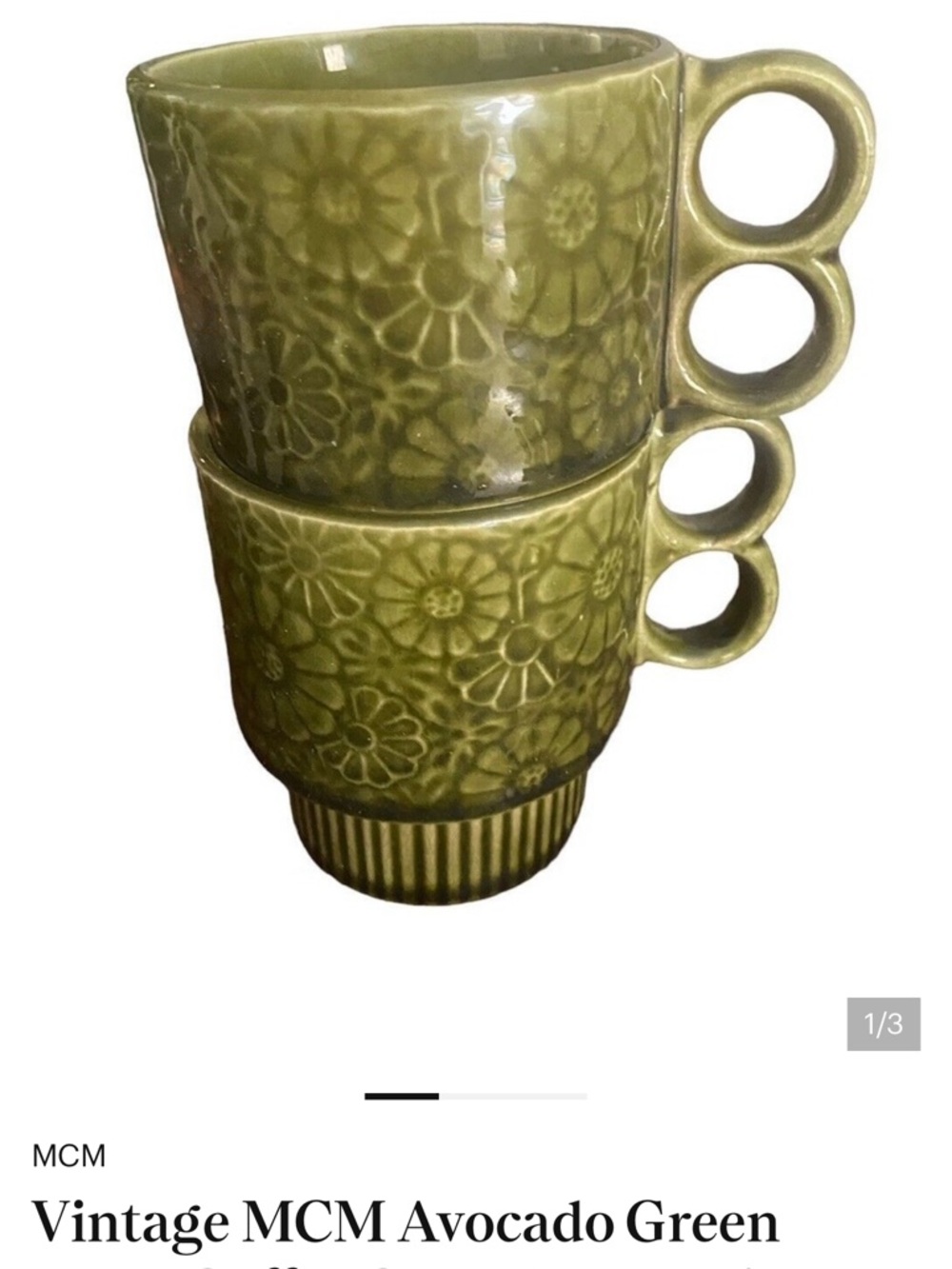 MCM Avocado Green Floral Ceramic Stackable Mugs